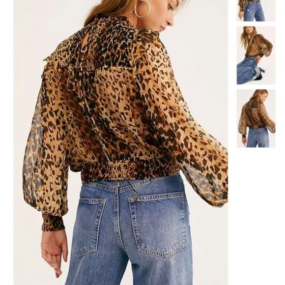 NWOT Free People Roma Blouse with lace tie back closure animal leopard print - Picture 4 of 11